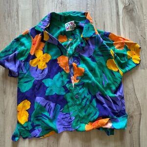 Vintage Jams World Purple and Green Button Down Shirt Tropical Style